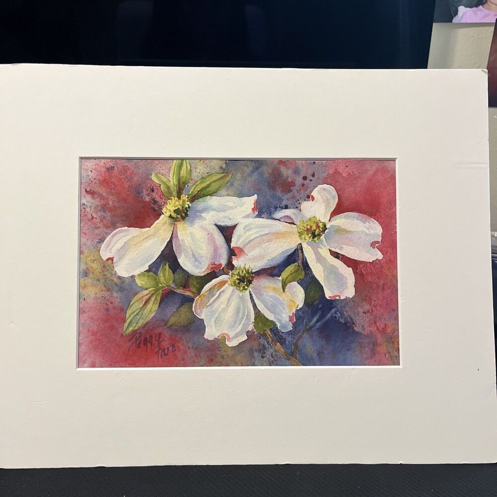 Peggy Fare Signed Botanical Watercolor - White Magnolia Floral Art 8.5 x 5.5